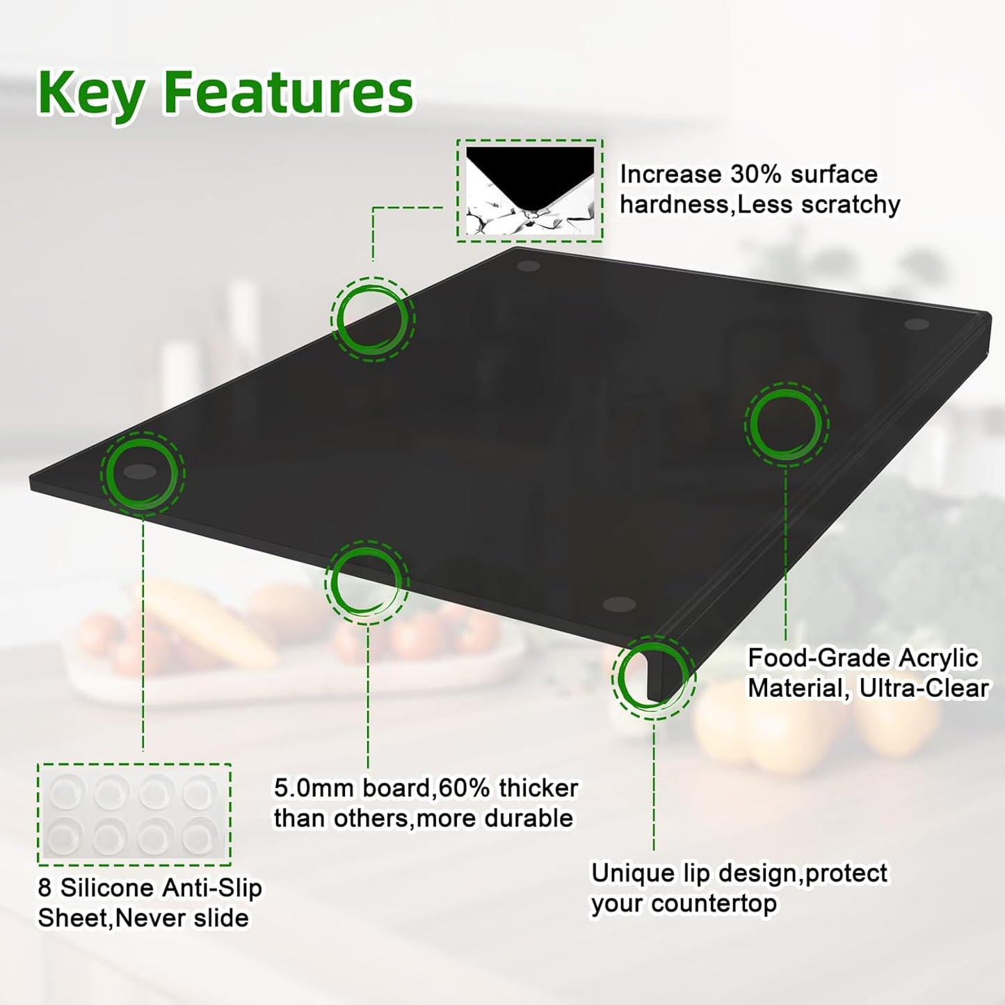 Acrylic Cutting Board with Counter Lip,17.5"x13.5" Clear Cutting Board for Kitchen Countertop,Non-Slip,60% Thicker,Perfect for Bread,Meat,Veggies & More,Great Kitchen Essential Gadgets & Decor