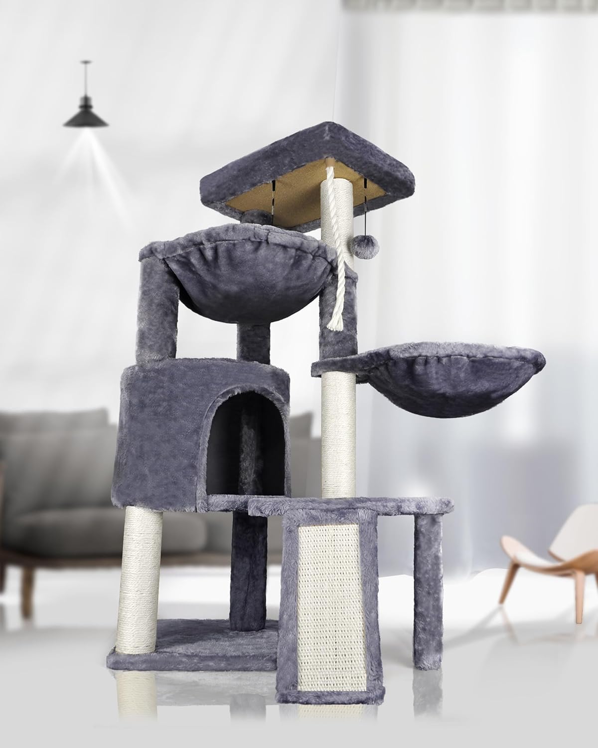 Three Layer Cat Tree with Cat Condo and Two Hammocks,Grey