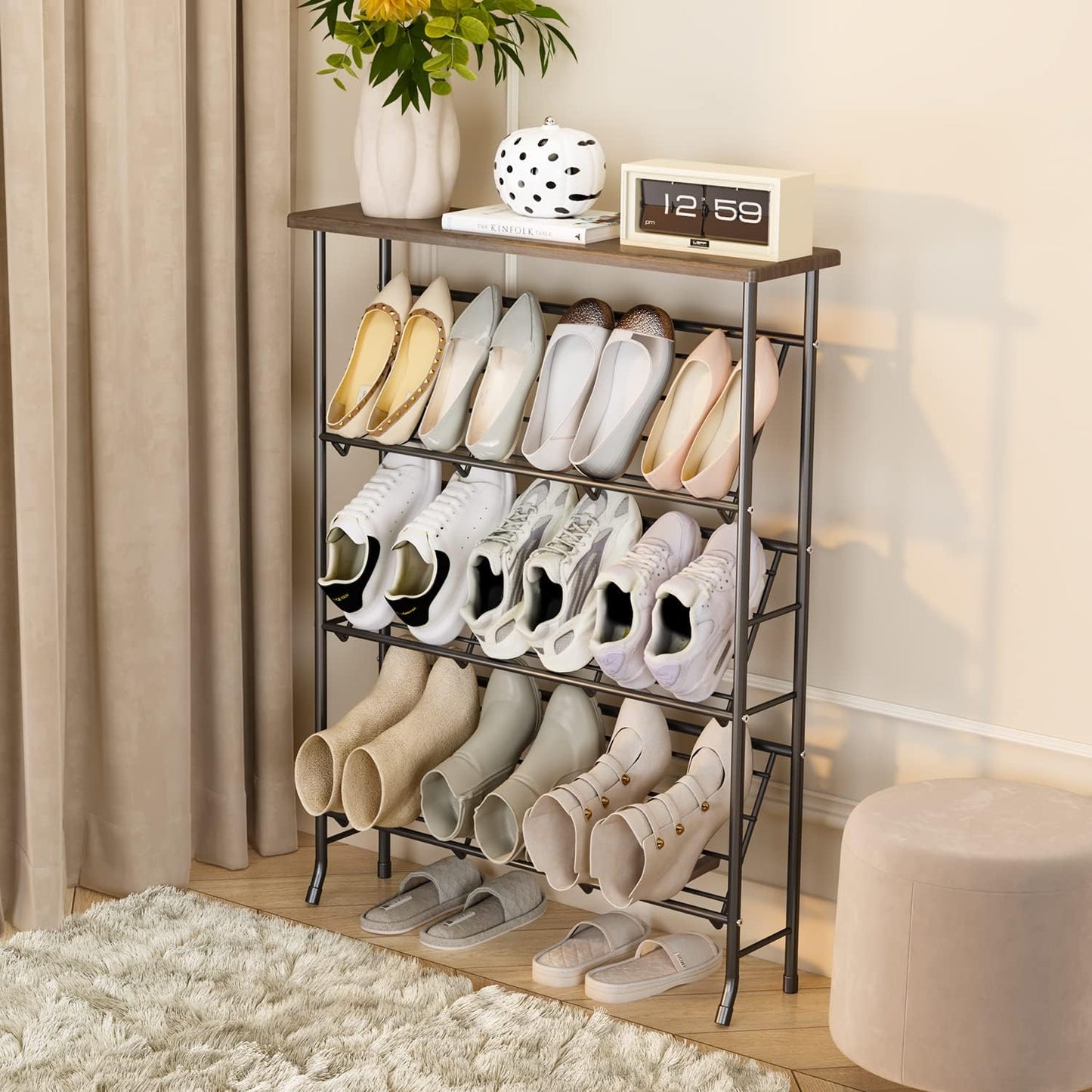 Shoe Rack Storage, Narrow 4 Tier Metal Shoe Storage Shelf, Free Standing Shoe Racks, Space Saving Shoe Rack Organizer for Entryway, Hallway, Bedroom, Living Room(12-16 Pair)