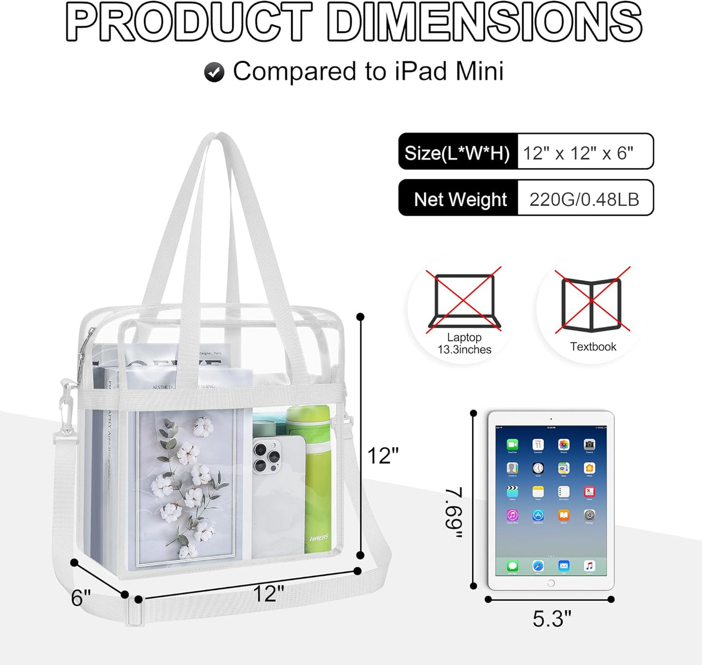 Bag Stadium Approved 12x6x12 Clear Tote Bag with Removable Strap Clear Lunch Bag for Work Sports Festival