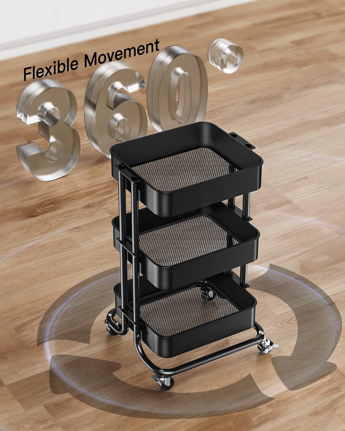 3 Tier Metal Rolling Utility Cart, Heavy-Duty Storage Rolling Cart with 2 Lockable Wheels, Multifunctional Mesh Organization Utility Cart for Kitchen Dining Room Living Room