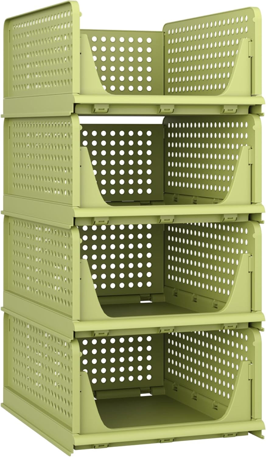 Stackable Plastic Storage Basket, Foldable Closet Organizers and Storage Bins 4 Pack Drawer Shelf Storage Container for Wardrobe Kitchen Bathroom Office Dorm