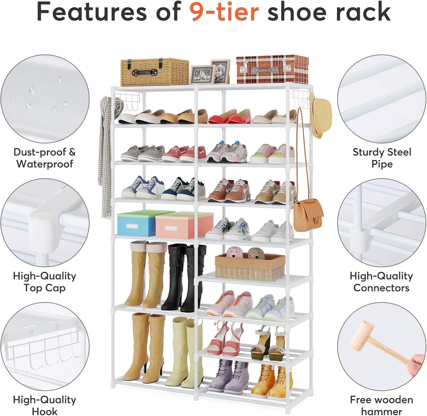 32-40 Pairs Shoe Storage Shelf, 9 Tiers Stackable Shoe Tower/Rack/Stand for Closet, Boot Organizer with 2 Hooks