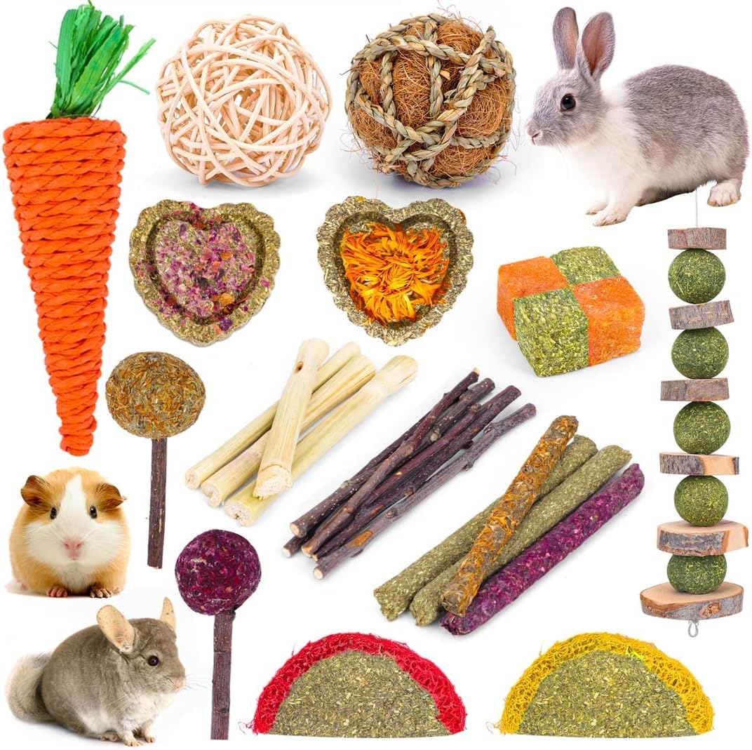 Bunny Toys,21PCS Rabbit Toys for Bunnies Rabbit Chew Toys for Teeth Guinea Pig Toys Natural Chew Treats Toys,Timothy Hay Sticks for Chinchillas Hamsters Rats,Small Animals Teeth Grinding