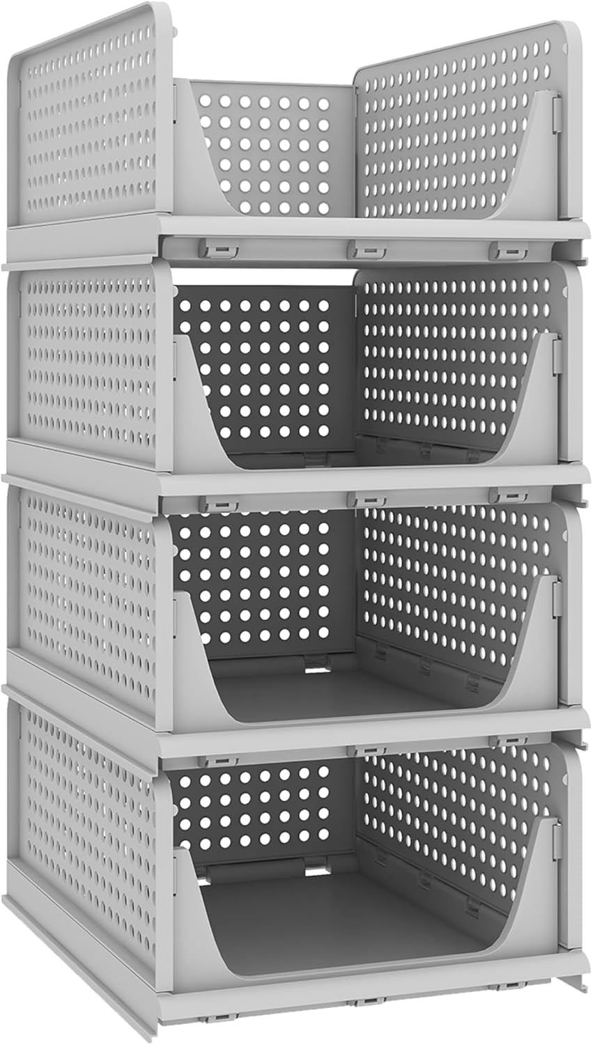 Stackable Plastic Storage Basket, Foldable Closet Organizers and Storage Bins 4 Pack Drawer Shelf Storage Container for Wardrobe Kitchen Bathroom Office Dorm