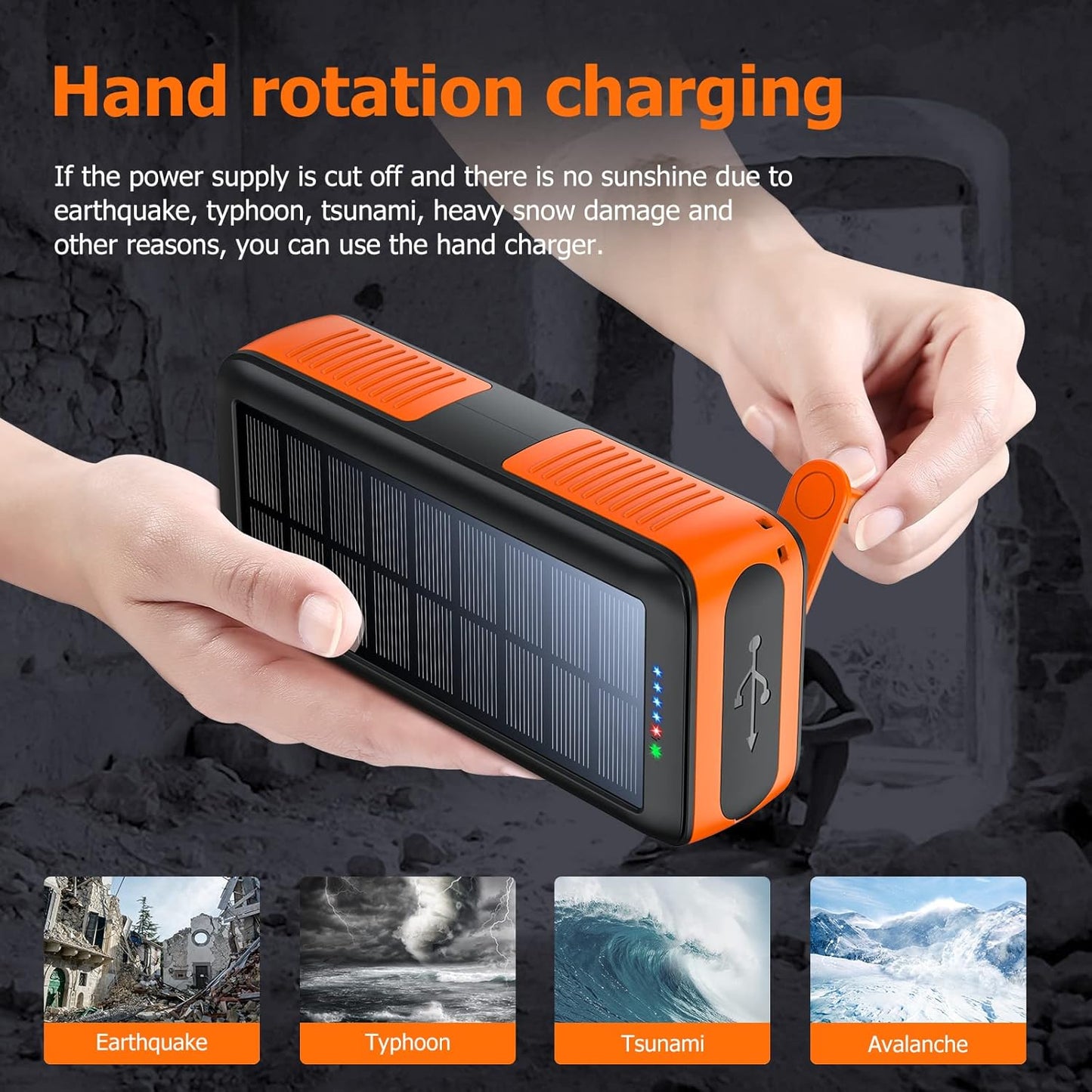 Solar Charger Power Bank 63200mAh, Portable Charger with Dual Outputs & Dual Inputs 4 LEDs Flashlight, Hand Crank Power Bank Fast Charging Battery Pack for Outdoor Camping Survival Gear