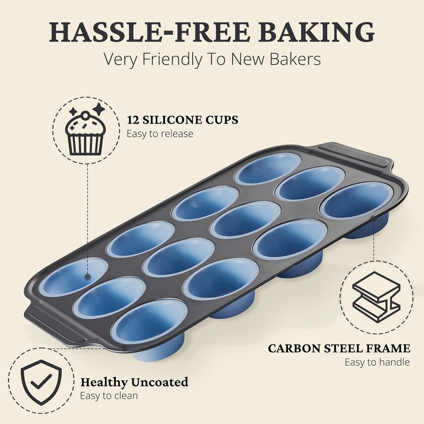 Silicone Muffin Pan with Metal Frame, Egg Bite Maker Silicone Molds for Baking, Cupcake Pans 12 Regular Size, Muffin Tins Easy to Pop Nonstick Non Toxic Bakeware for Oven