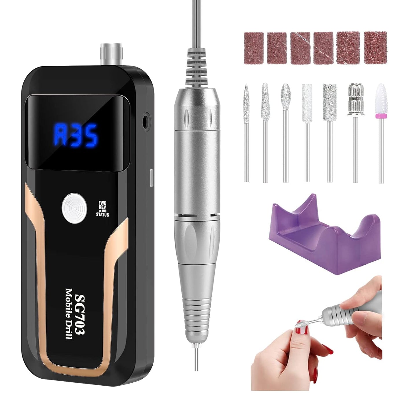 Portable Nail Drill Professional 35000 RPM, Rechargeable Electric Nail File Machine E File for Acrylic Nails Gel Polishing Removing, Cordless Efile with Bits Kit for Manicure Salon Home