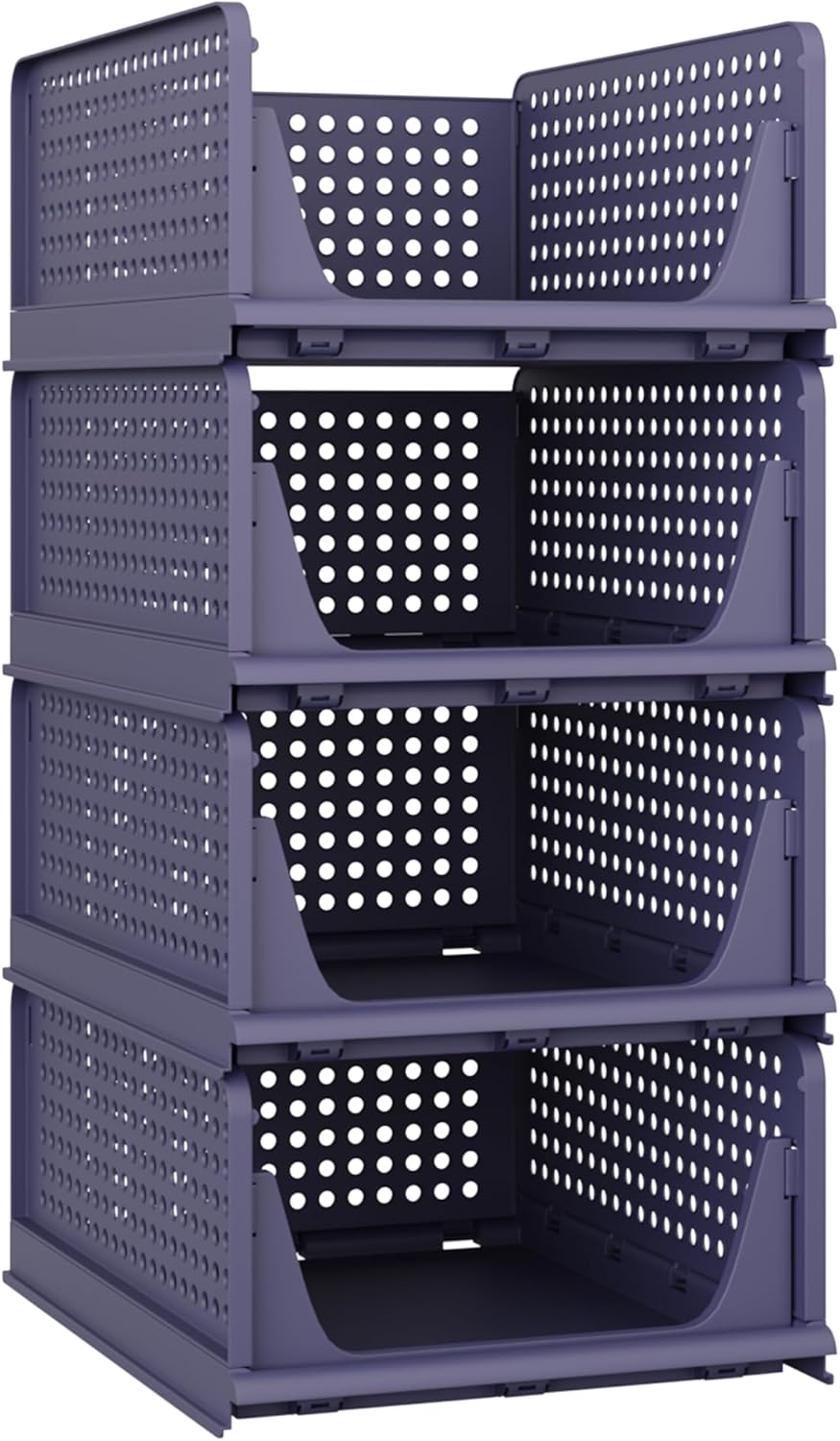 Stackable Plastic Storage Basket, Foldable Closet Organizers and Storage Bins 4 Pack Drawer Shelf Storage Container for Wardrobe Kitchen Bathroom Office Dorm