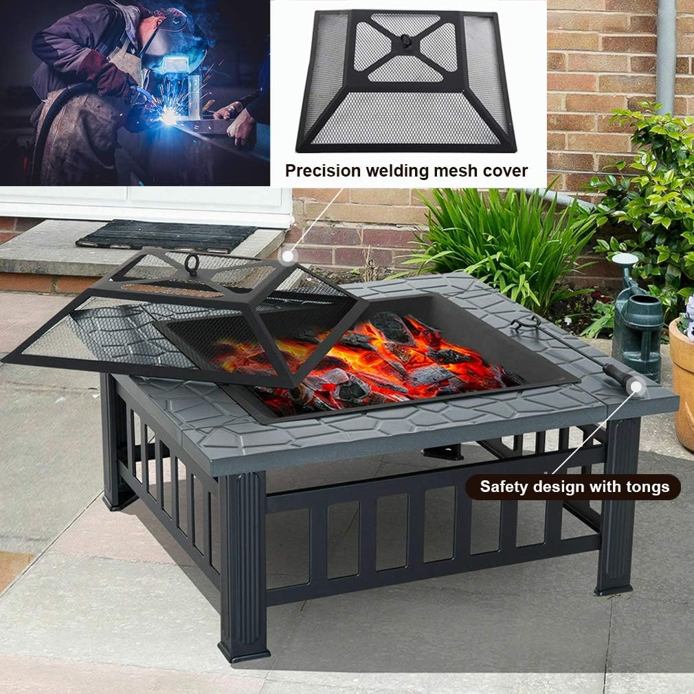 Outdoor Fire Pit for Wood 32" Metal Firepit for Patio Wood Burning Fireplace Square Garden Stove with Charcoal Rack, Poker & Mesh Cover for Camping Picnic Bonfire Backyard