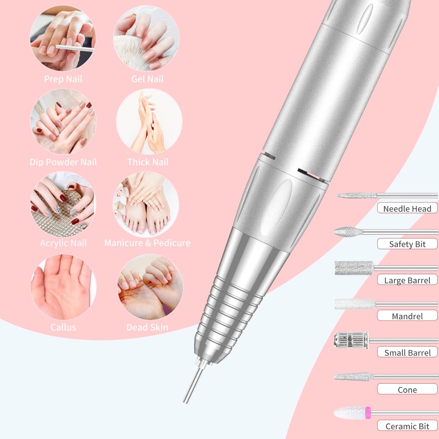 Portable Nail Drill Professional 35000 RPM, Rechargeable Electric Nail File Machine E File for Acrylic Nails Gel Polishing Removing, Cordless Efile with Bits Kit for Manicure Salon Home