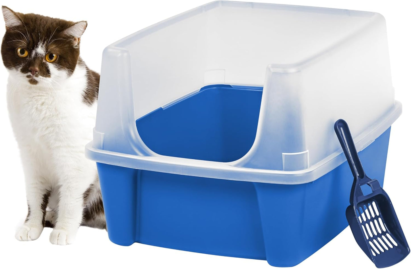 Large Cat Litter Box with Scatter Shield and Scoop, Open Top High Sided Cat Litter Pan