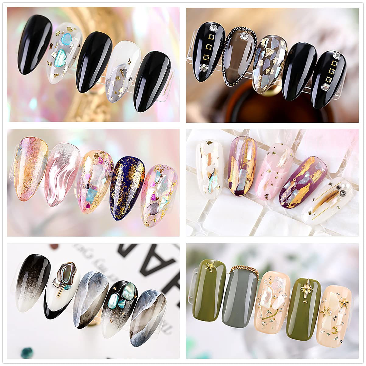 5 Boxes Gold & Silver Metal Nail 3D Punk Studs Star Moon Heart Triangle Square Rivet Gems Nail Art Jewels with a Curved Tweezers and a Nail Brush