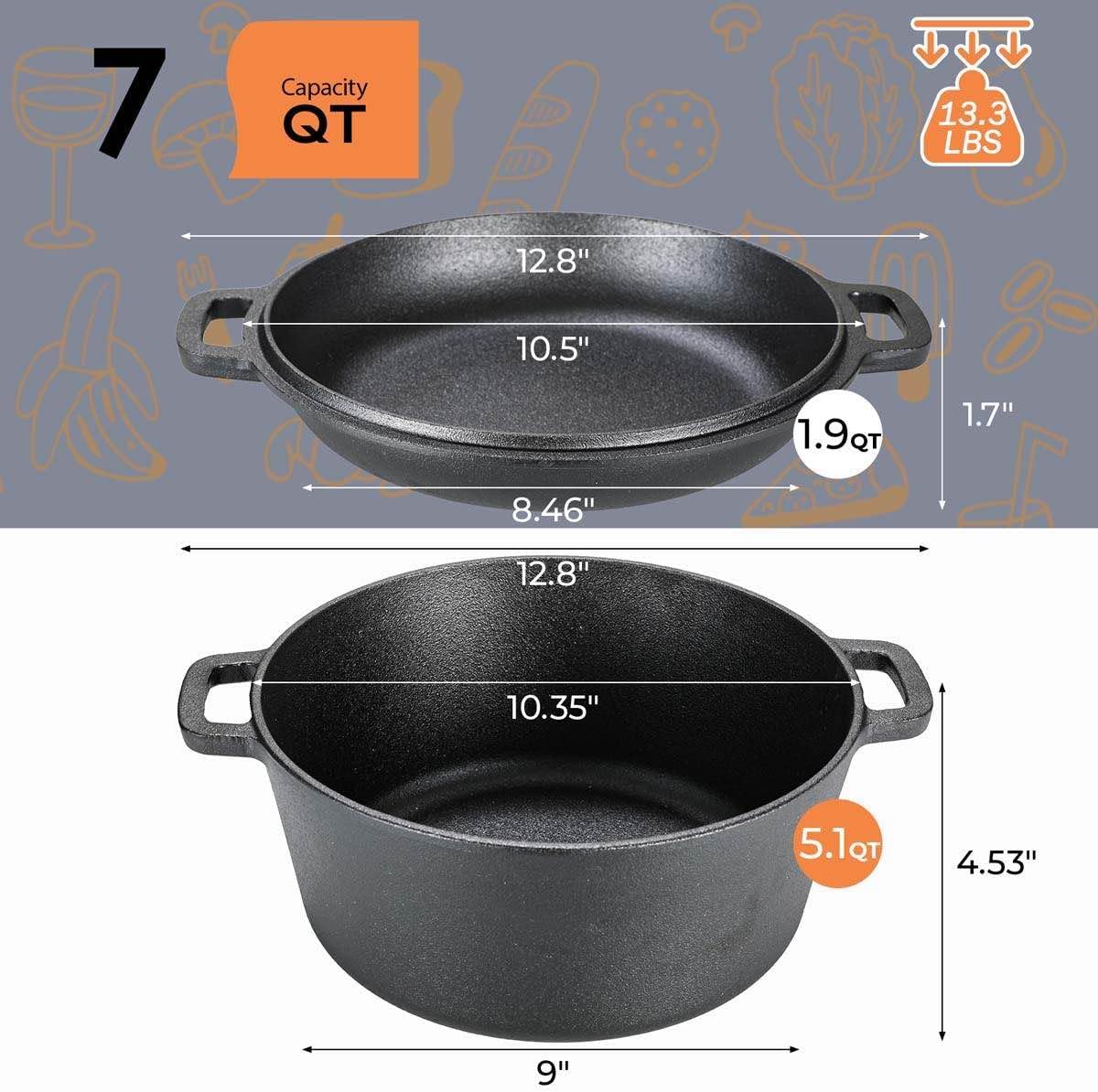 Cast Iron Dutch Oven Pot with Lid,Cast Iron Pot (5.1QT) and Cast Iron Lid as a Skillet(1.9QT) - Dutch Oven Cast Iron with Silicone Holders, Iron Stand, for Oven, Stove, Grill，Campfire