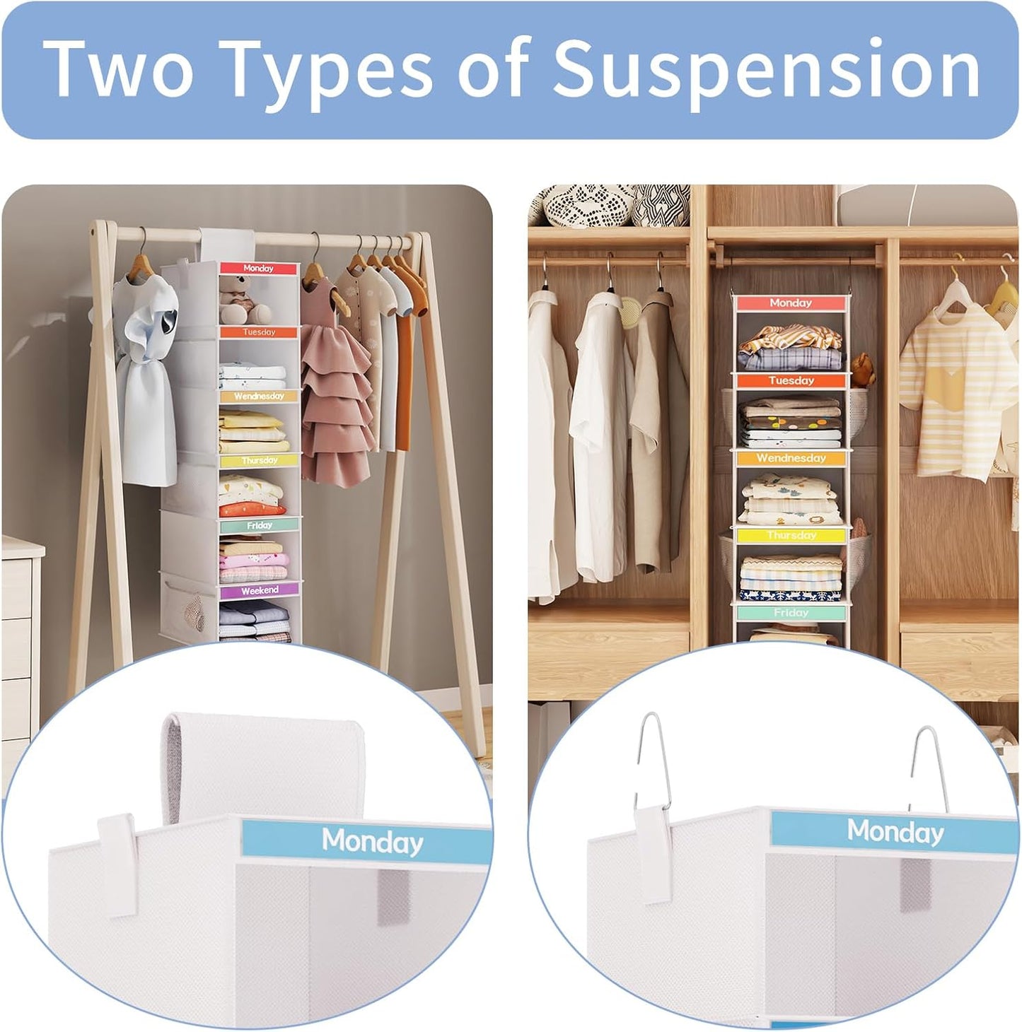 2 Pack 6-Shelf Weekly Hanging Closet Organizer for Kids, Kids Daily Clothes Organizers with 6 Side Pockets, Days of The Week Hanging Storage Shelves