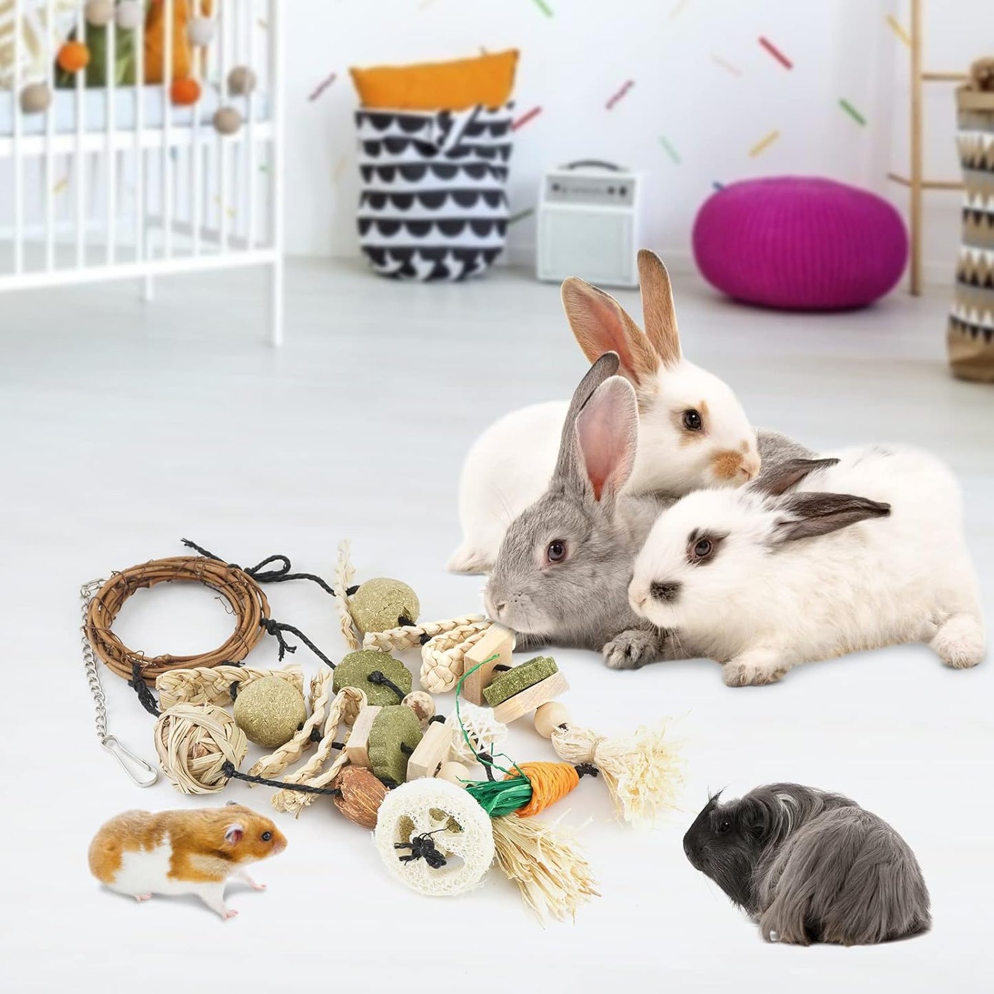 Bunny Chew Toy, Rabbits Cage Hanging Chew Toys and Treats Rattan Ring with Snacks for Guinea Pigs Chinchillas Hamsters Rats and Other Small Pets Teeth Grinding