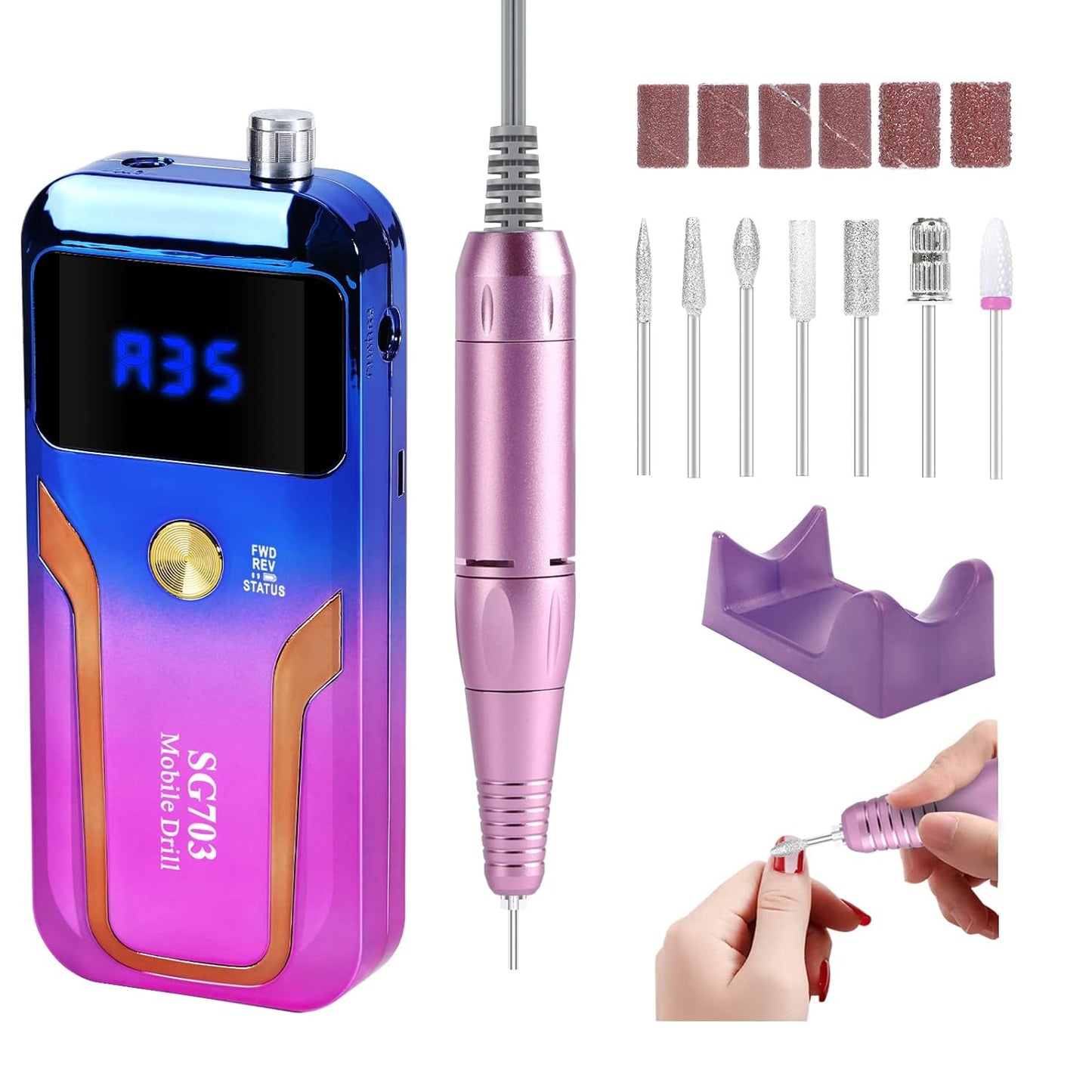 Portable Nail Drill Professional 35000 RPM, Rechargeable Electric Nail File Machine E File for Acrylic Nails Gel Polishing Removing, Cordless Efile with Bits Kit for Manicure Salon Home, Pink