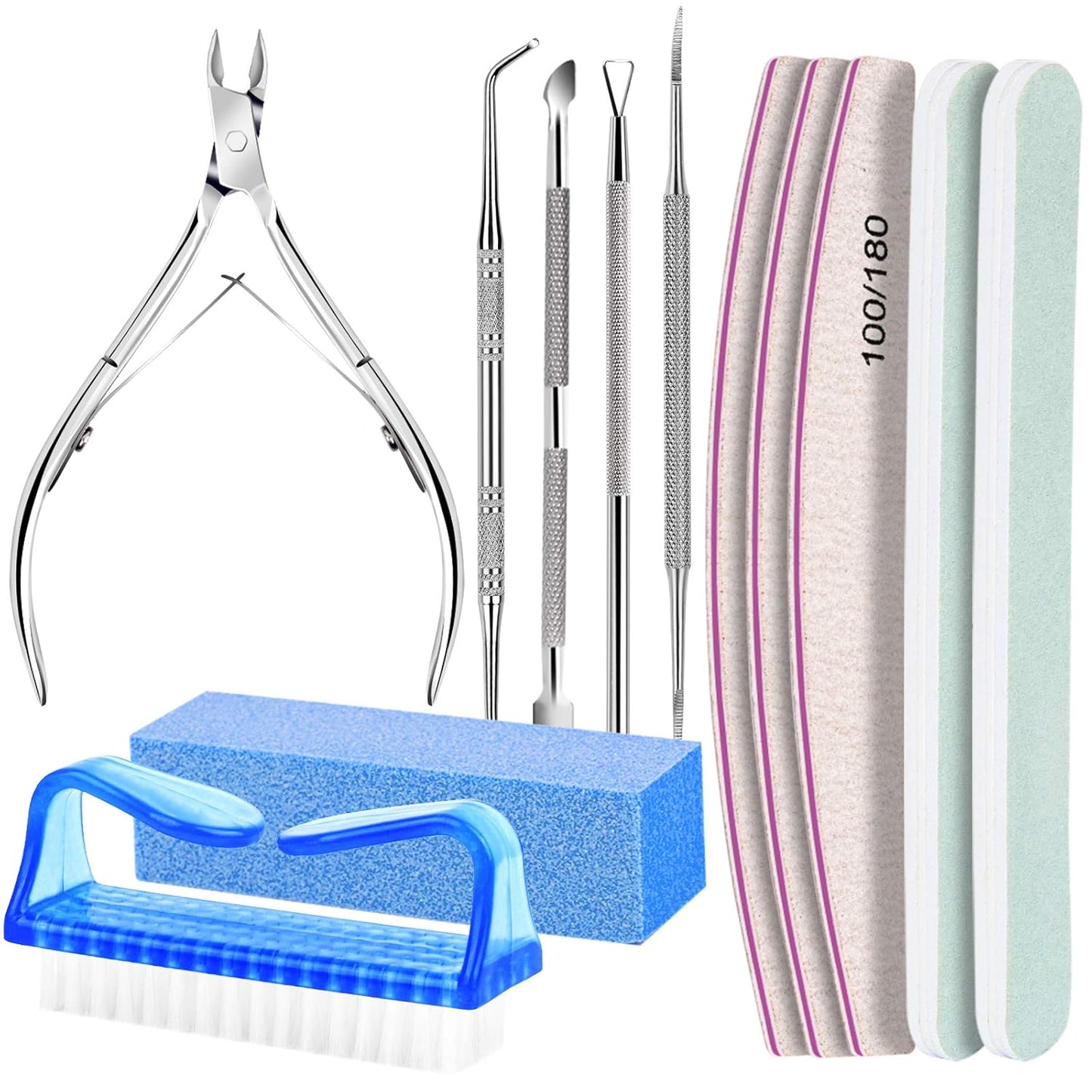 Manicure and Pedicure Tools Kit, Nail Files 100/180, Nail Buffer Block, Nail Cuticle Nippers, Cuticle Pusher, Cuticle Peeler, Nail Lifter for Ingrown Toenails, Toenail File