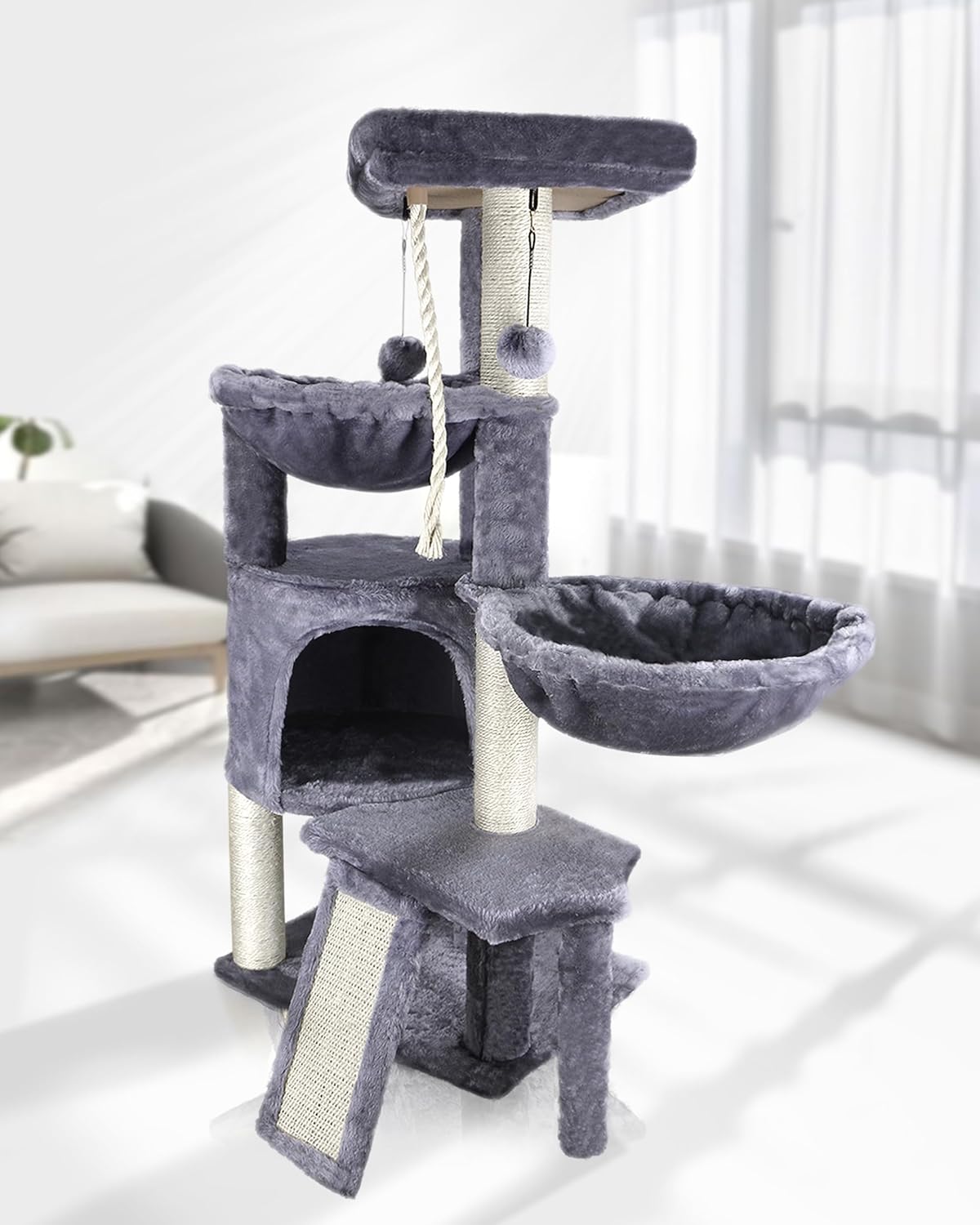 Three Layer Cat Tree with Cat Condo and Two Hammocks,Grey