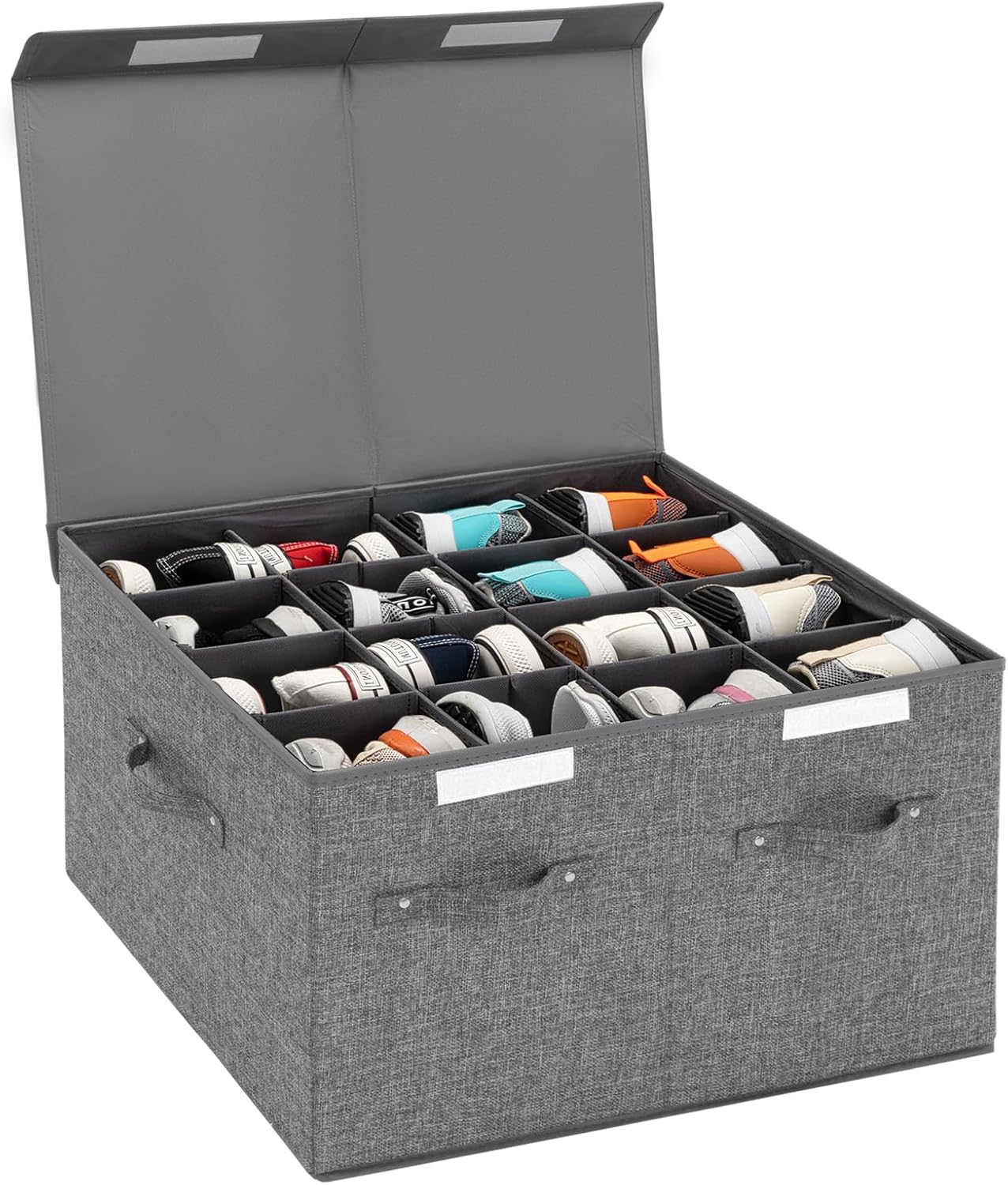 Shoe Storage Organizer for Closet Fits 16 Pairs, Large Shoe Storage Box Bins Containers with Lid and Adjustable Dividers for Shoes, Sneakers and High Heeled, Hard Shell and Stackable (Grey)