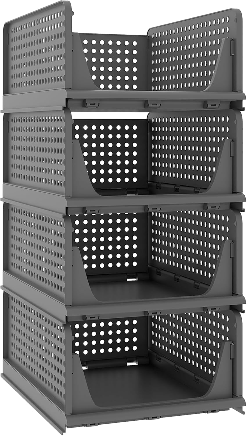 Stackable Plastic Storage Basket, Foldable Closet Organizers and Storage Bins 4 Pack Drawer Shelf Storage Container for Wardrobe Kitchen Bathroom Office Dorm