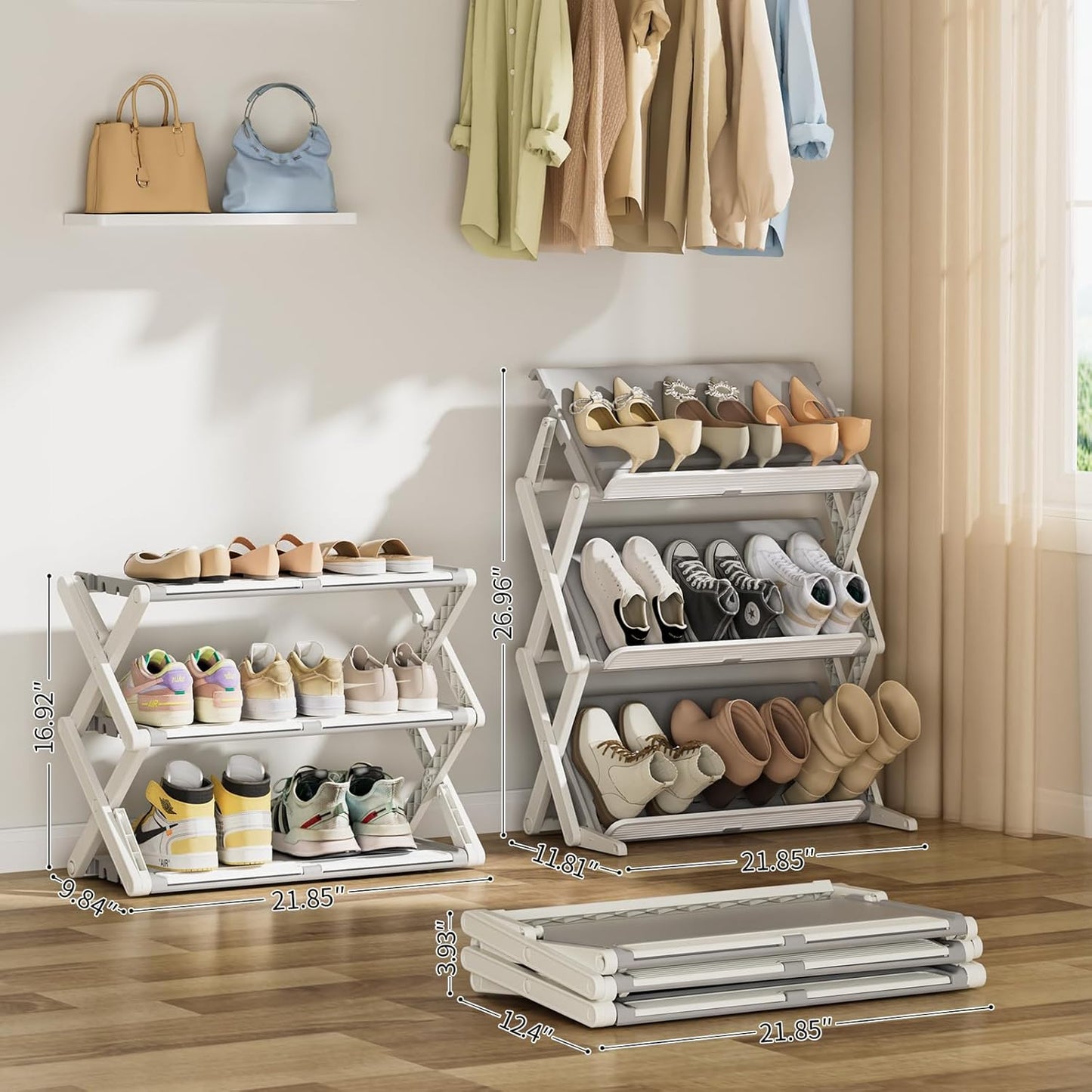 Shoe Rack Storage Organizer, Adjustable Angled Shoe Shelf, Storage and Organization for Closet, Entryway, Small Space (Grey, 3 Tier)