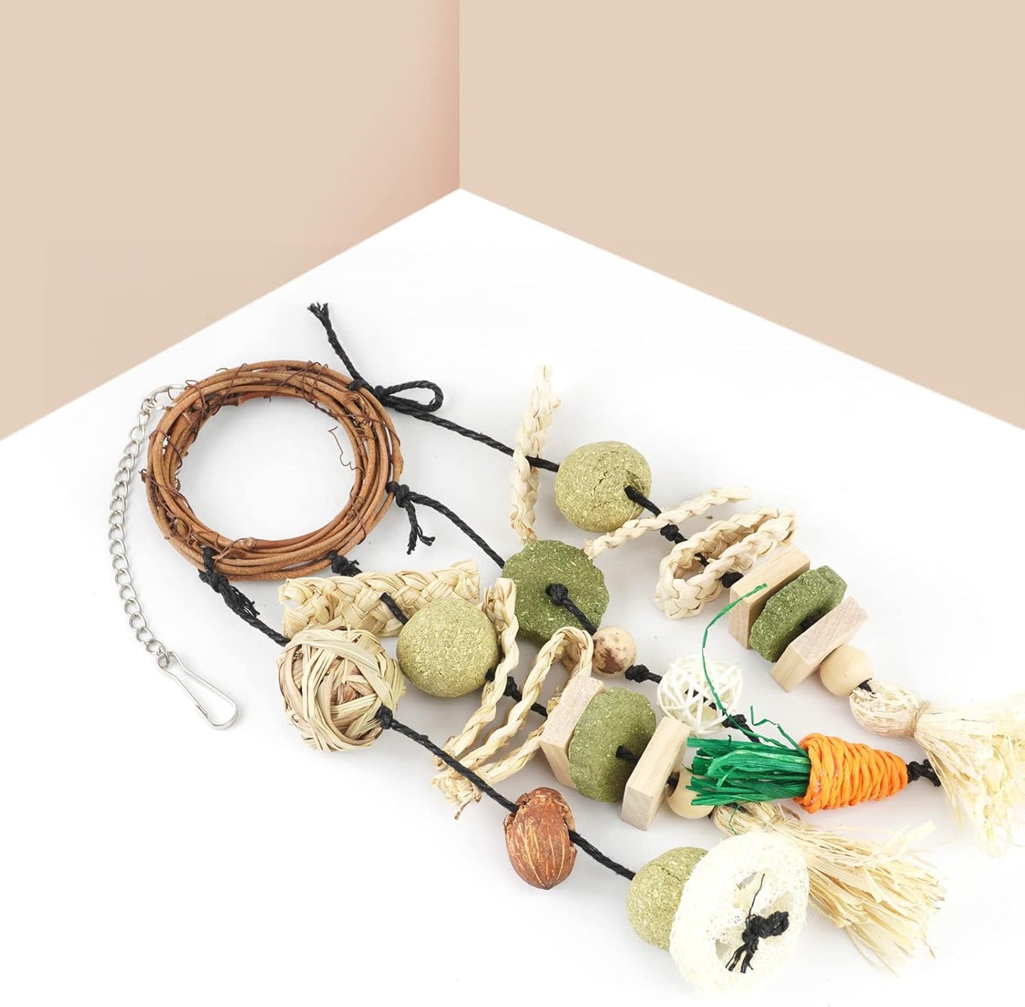 Bunny Chew Toy, Rabbits Cage Hanging Chew Toys and Treats Rattan Ring with Snacks for Guinea Pigs Chinchillas Hamsters Rats and Other Small Pets Teeth Grinding