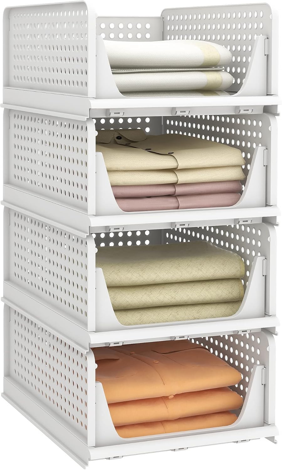 Stackable Plastic Storage Basket, Foldable Closet Organizers and Storage Bins 4 Pack Drawer Shelf Storage Container for Wardrobe Kitchen Bathroom Office Dorm