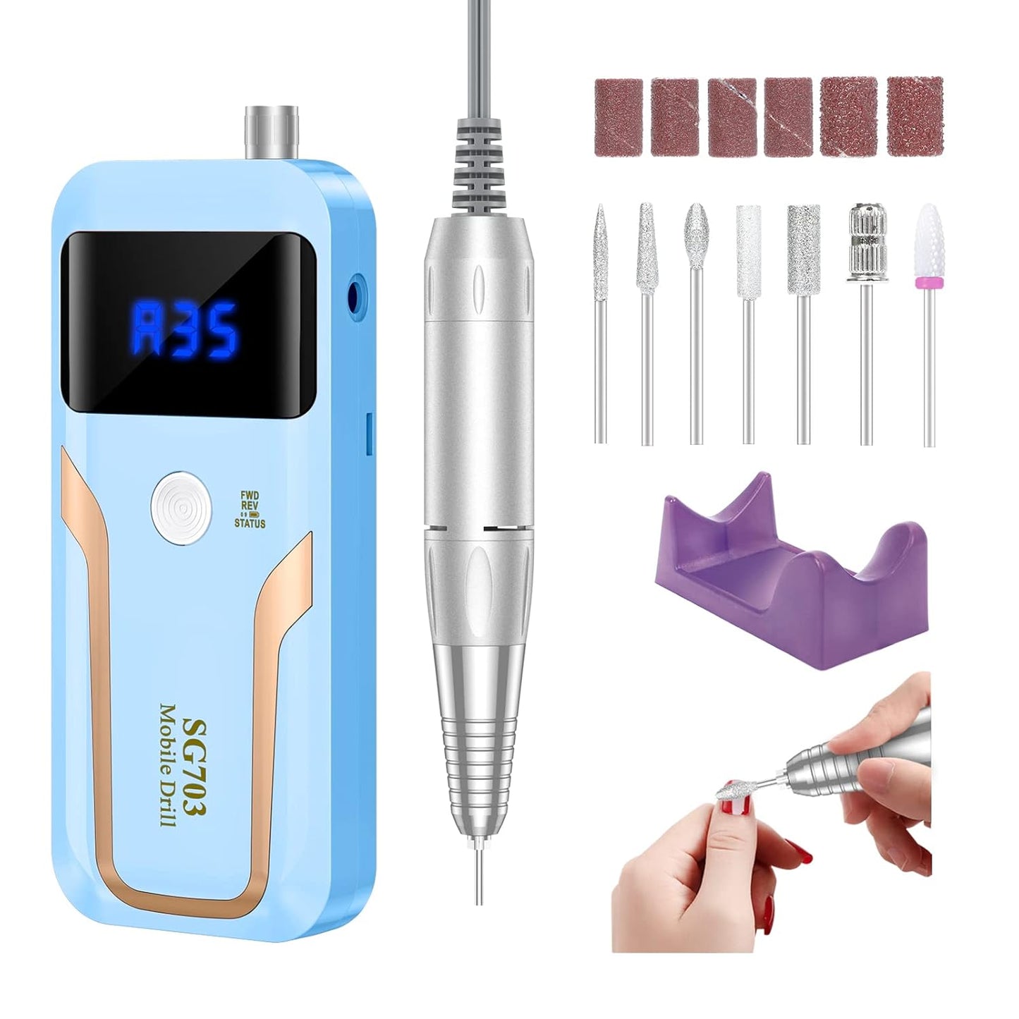 Portable Nail Drill Professional 35000 RPM, Rechargeable Electric Nail File Machine E File for Acrylic Nails Gel Polishing Removing, Cordless Efile with Bits Kit for Manicure Salon Home