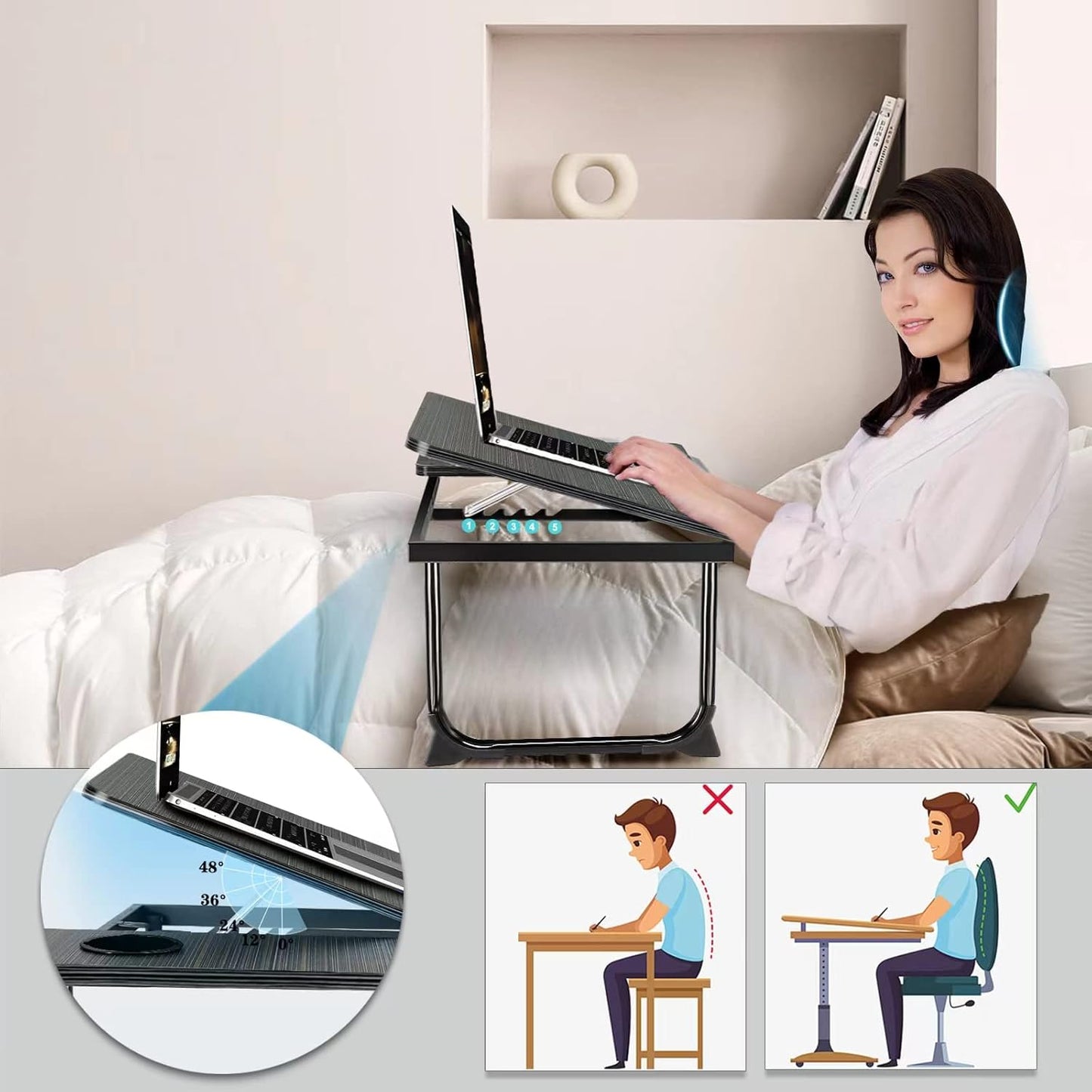 Laptop Desk for Bed Couch, Portable Lap Desk/ Stand for Laptop, Small Adjustable Foldable Bed Table for Laptop and Writing, Bed Tray Table with Cup Holder(Black)