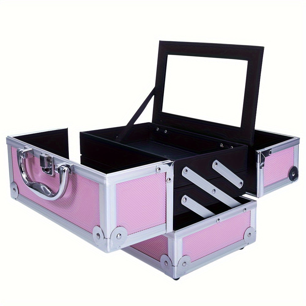 Portable Aluminum Makeup Train Case - Durable Cosmetic Organizer with Built-in Mirror, Multiple Trays, and Carry Handle - Ultra-Portable Jewelry Box for On-the-Go Use