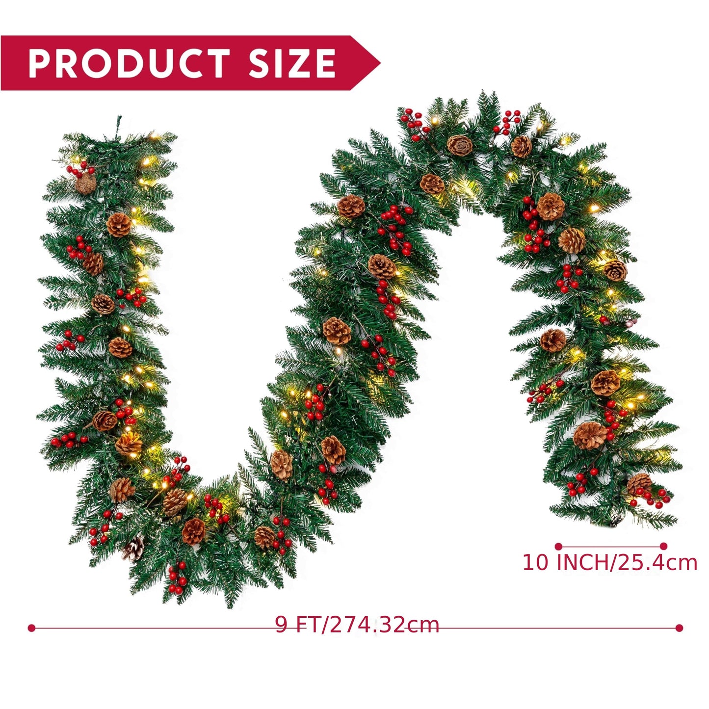 9 Ft Prelit Artificial Christmas Garland - Garlands with 100 LED Lights, 27 Pine Cones, 27 Red Berries, Battery Powered, and Realistic Foliage for Home & Office Decorations (Battery Not Included)