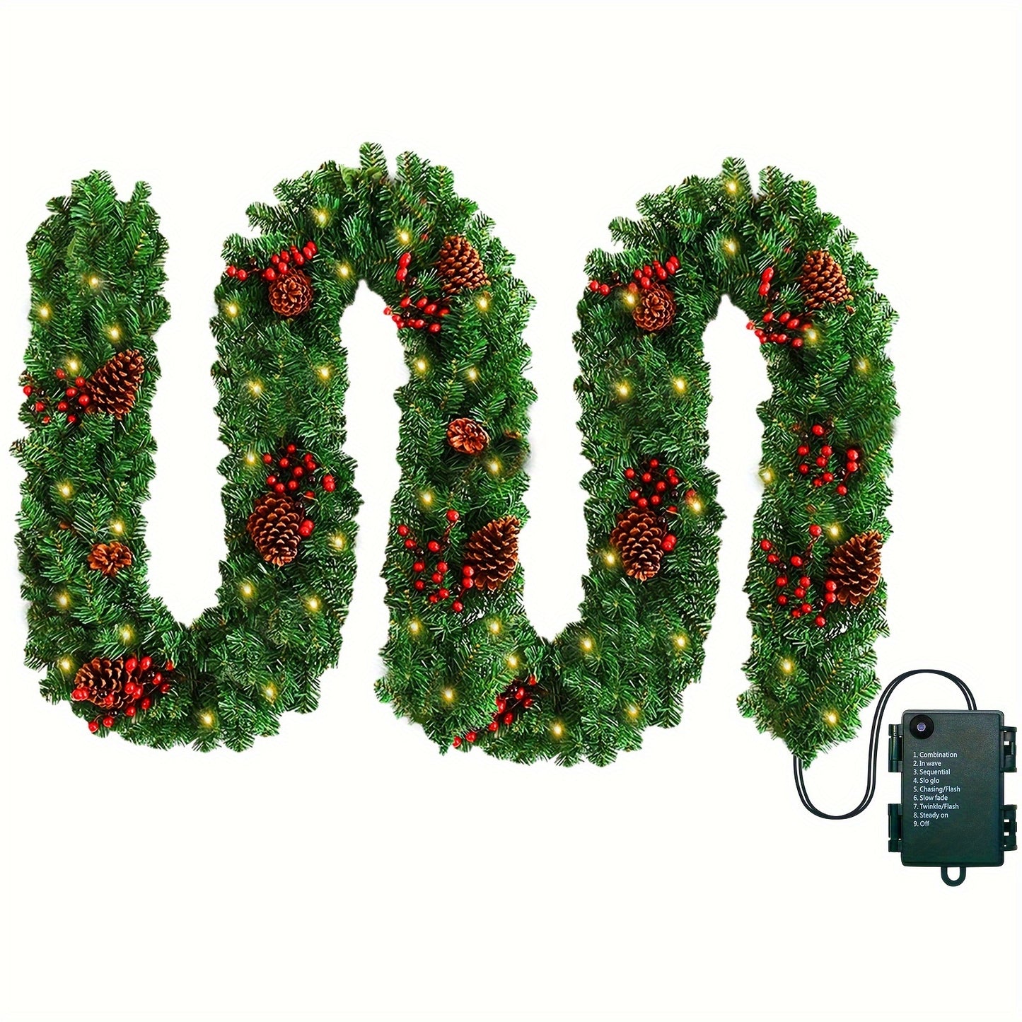 9 Ft Prelit Artificial Christmas Garland - Garlands with 100 LED Lights, 27 Pine Cones, 27 Red Berries, Battery Powered, and Realistic Foliage for Home & Office Decorations (Battery Not Included)