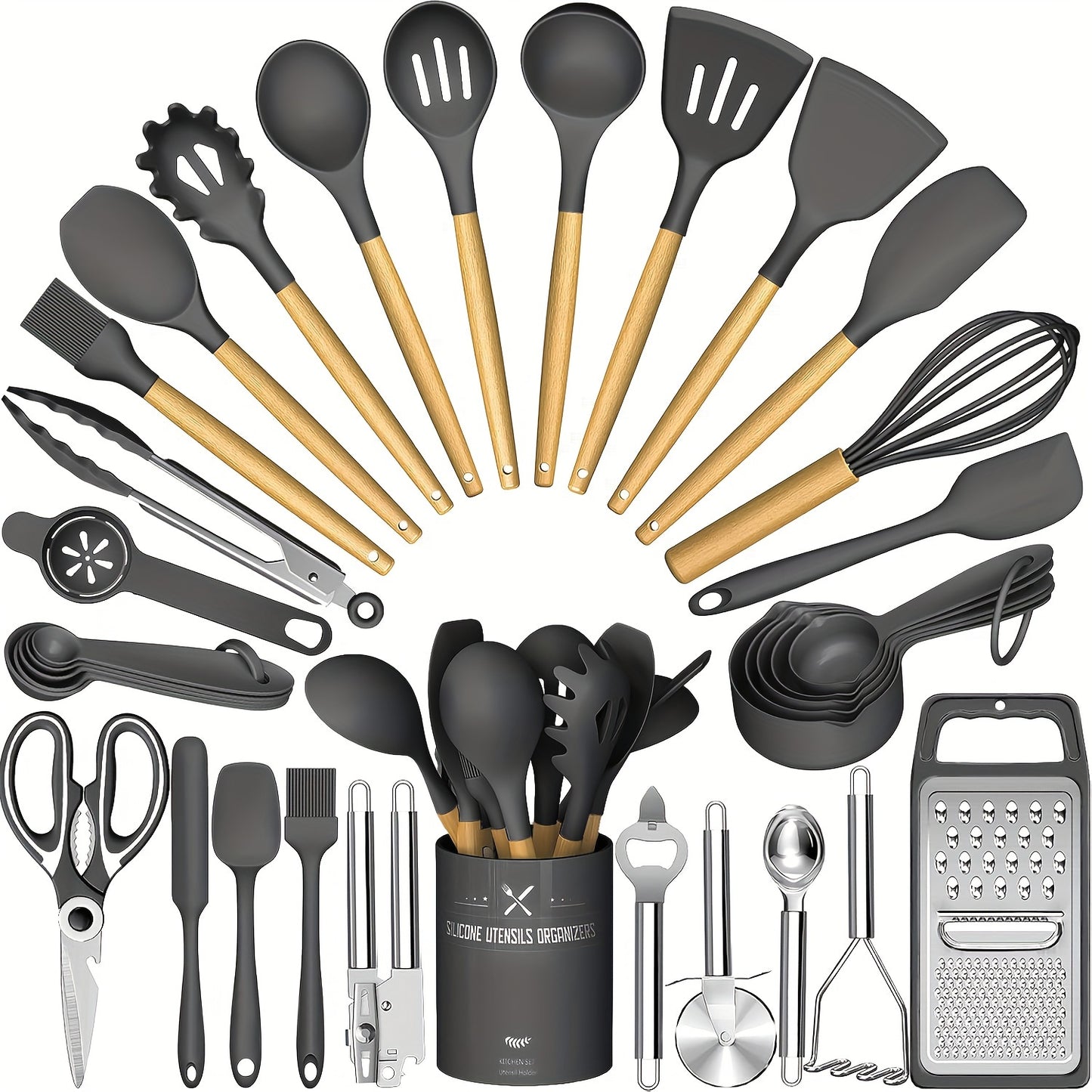 Kitchen Utensils Set- 34PCS Silicone Cooking Utensils With Holder, Heat Resistant Kitchen Utensil Spatula Set For Nonstick Cookware, Black Wooden Handles Kitchen Gadgets Tools Set