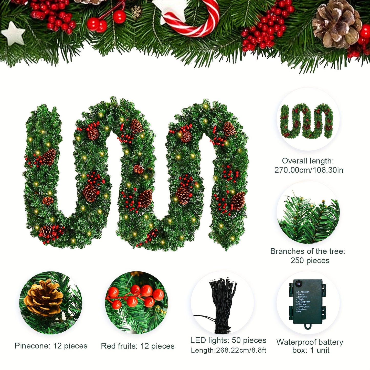 9 Ft Prelit Artificial Christmas Garland - Garlands with 100 LED Lights, 27 Pine Cones, 27 Red Berries, Battery Powered, and Realistic Foliage for Home & Office Decorations (Battery Not Included)