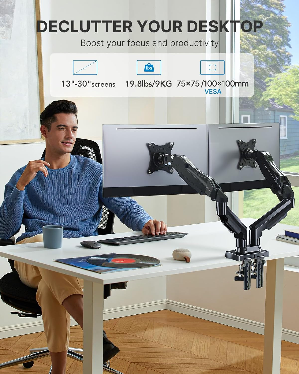 Dual Monitor Stand - Full Adjustable Monitor Desk Mount Swivel Vesa Bracket with C Clamp, Grommet Mounting Base for 13 to 30 Inch Computer Screens - Each Arm Holds 4.4 to 19.8lbs