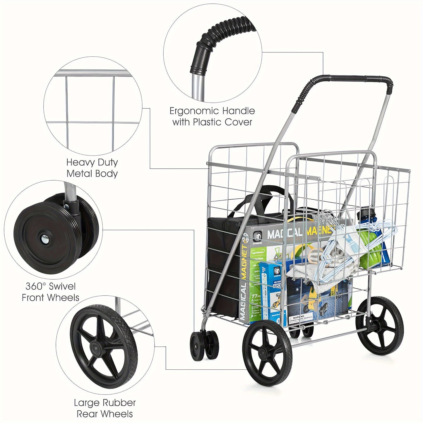 Utility Shopping Cart Foldable Jumbo Basket Outdoor Grocery Laundry