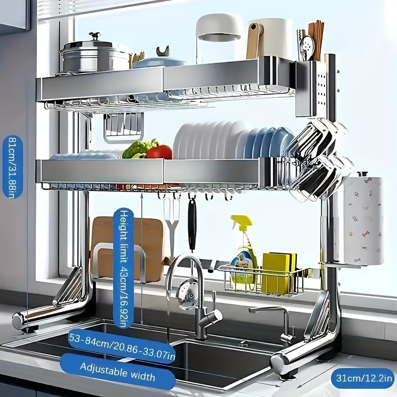 3- Tier/ 2- Tier Stainless Steel Dish Rack, Kitchen Organizer Over The Sink, Adjustable Length (25'' To 36'' ), Kitchen Cleaning Supplies Organizer