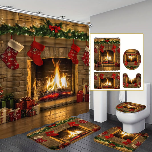 4PCS Christmas Bathroom Accessories Set, Non-Slip Rug, U-Shape Mat, Lid Cover, Partition with 12 Hooks, Fireplace Shower Curtain for Christmas Decor