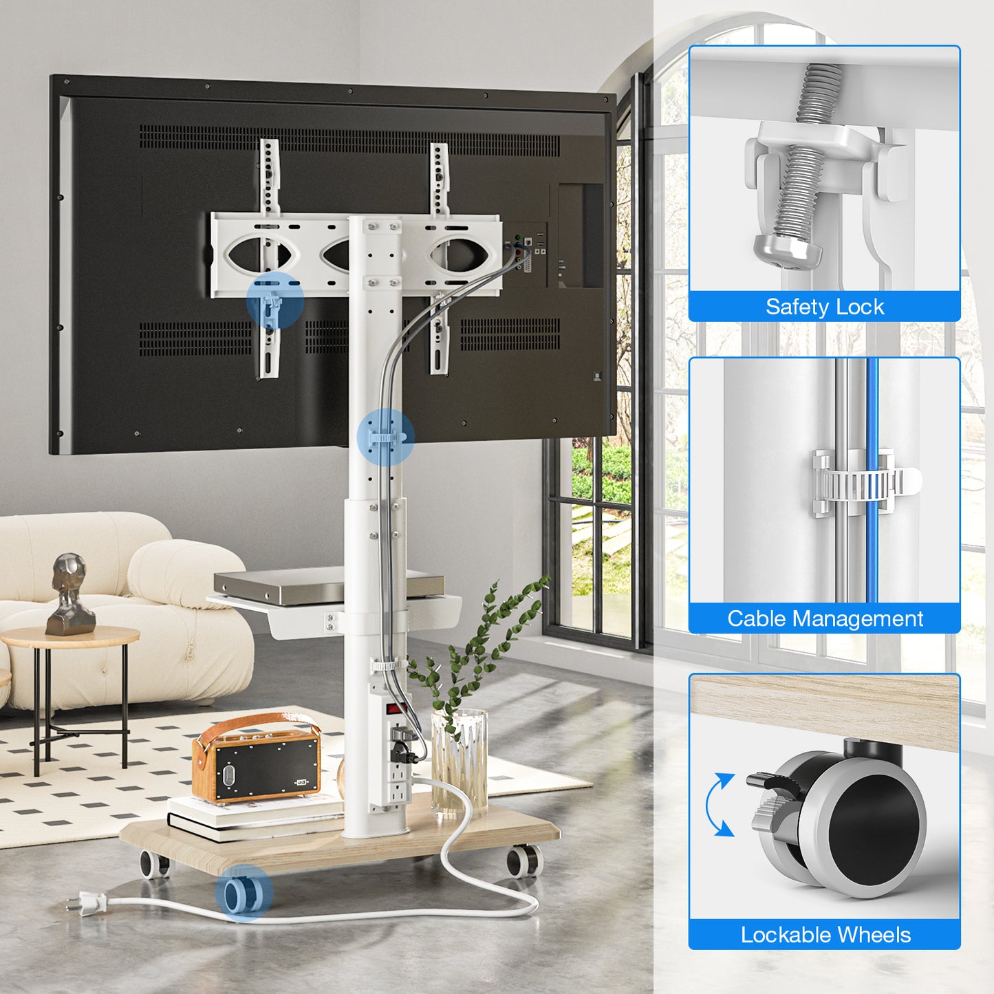 Sleek Rolling TV Stand with Power Outlet for Home Decor, Height Adjustable Portable TV Stand on Wheels for 32-70 Inch TVs, Strong Tall Mobile TV Cart with Mount Up to 88 lbs, White