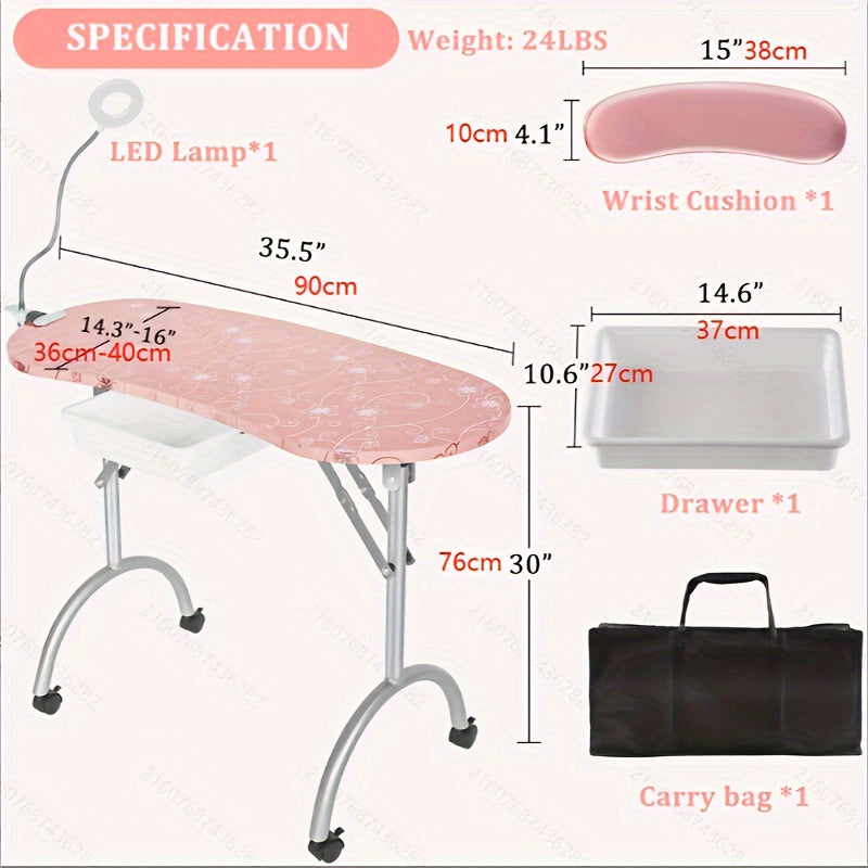 Professional Portable Manicure Station - Foldable Nail Table with Spacious Drawer, LED Lamp, 4 Lockable Wheels, Carry Bag, Wrist Cushion, and Ergonomic Design for Comfortable Nail Care