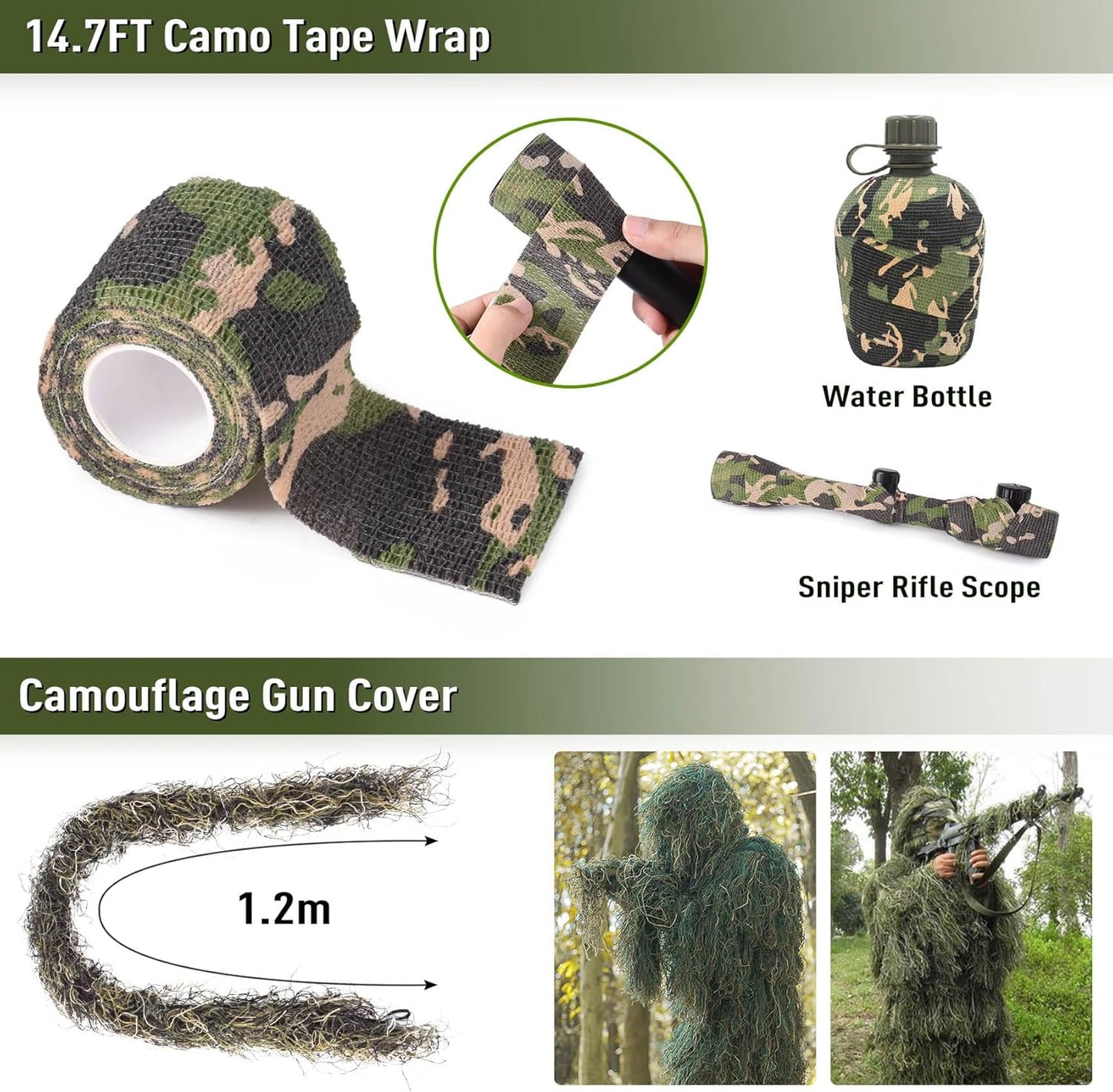 6 in 1 Ghillie Suit, 3D Camouflage Hunting Apparel Including Jacket, Pants, Hood, Carry Bag and Camo Tapes