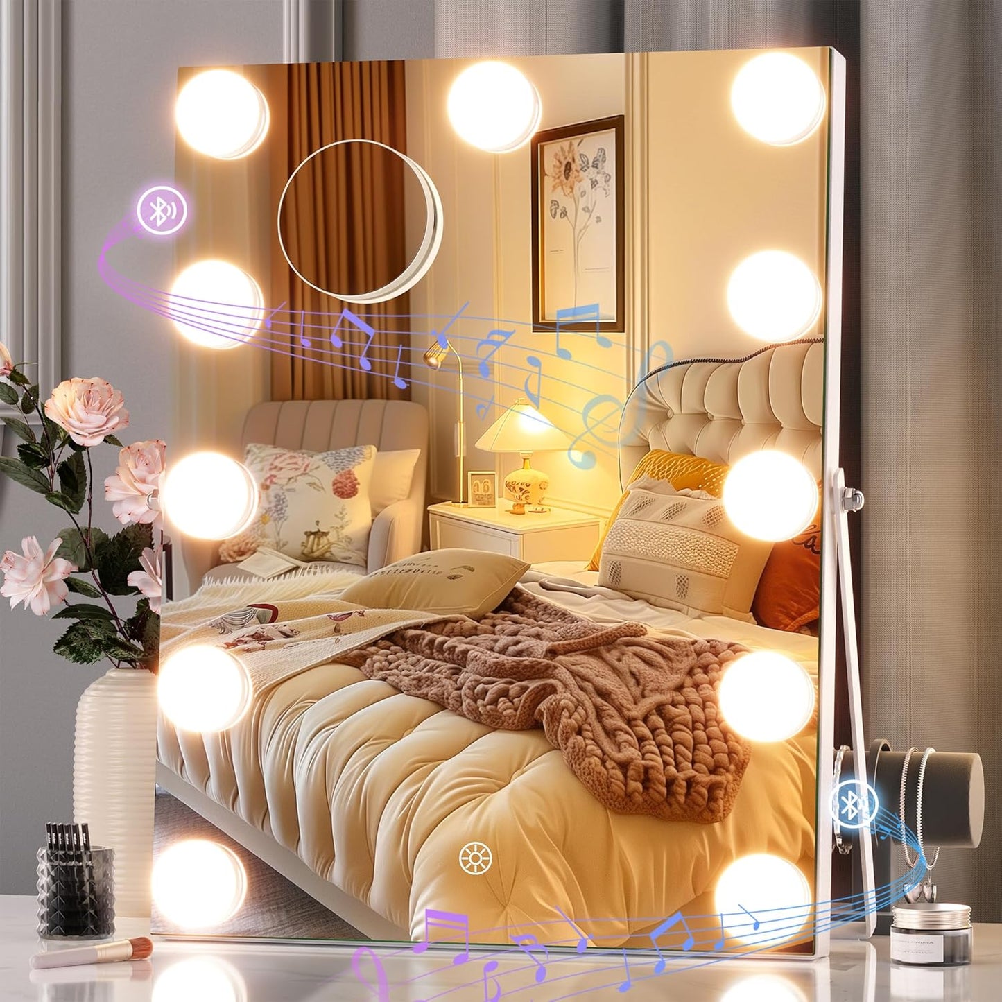 Vanity Mirror with Lights, 9.8" x 13.8" Hollywood Mirror, Makeup Mirror with 9 Dimmable Bulbs, Smart Touch 3 Colors Dimmable, 360° Rotation, White