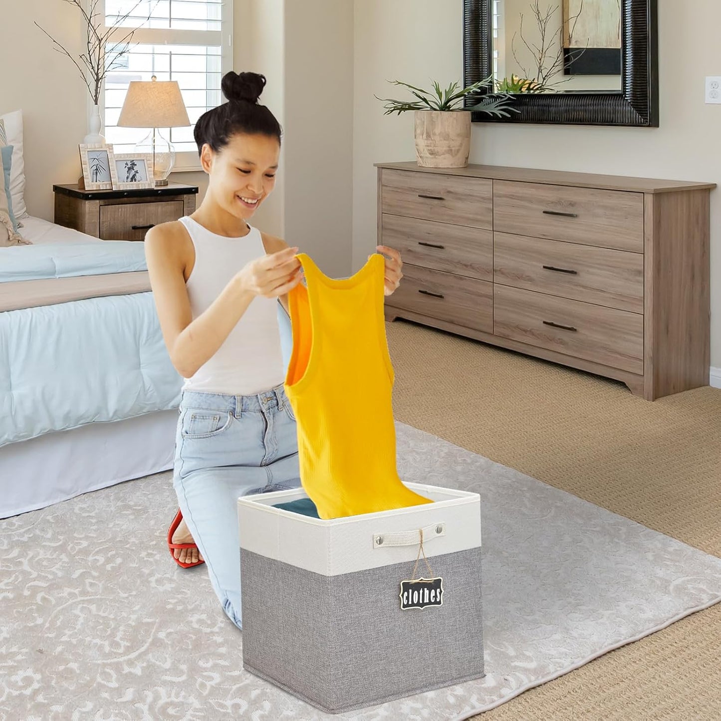 11x11 cube storage bins 4 Pack,Collapsible Fabric Storage Cubes with Labels,Linen Cube Storage Organizer Bins with Cotton Handles,Square Storage Cubes for Home,Office,Clothes,Cabinet (White Grey).