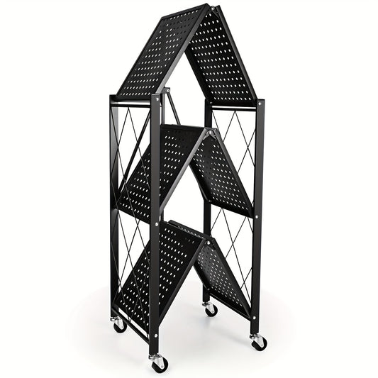 Simple Deluxe 3-Tier Heavy Duty Foldable Metal Rack Storage Shelving Unit with Wheels Moving Easily Organizer Shelves Great for Garage Kitchen Holds up to 750 lbs Capacity, Black