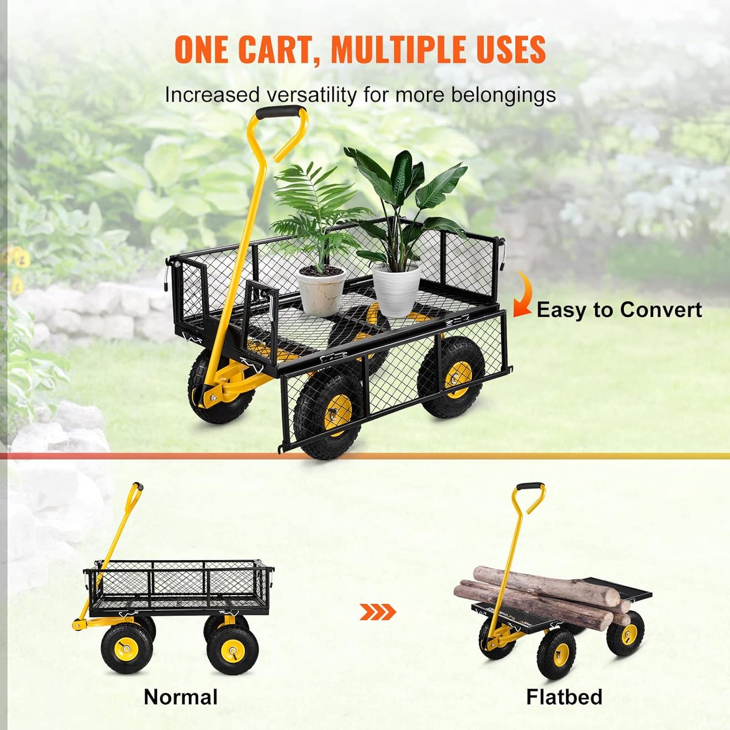 Steel Garden Cart, Heavy Duty 900 lbs Capacity, with Removable Mesh Sides to Convert into Flatbed, Utility Metal Wagon with 180° Rotating Handle and 10 in Tires, Perfect for Garden, Farm, Yard