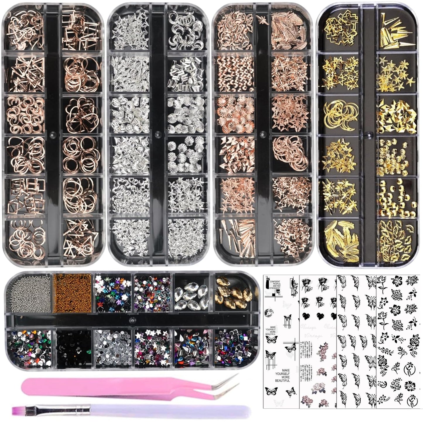 5 Boxes Gold & Silver Metal Nail 3D Punk Studs Star Moon Heart Triangle Square Rivet Gems Nail Art Jewels with a Curved Tweezers and a Nail Brush