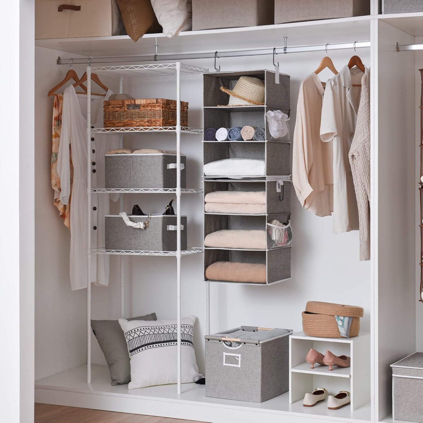 6-Shelf Hanging Closet Organizers, Two 3-Shelf Separable Closet Hanging Shelves, Canvas, Gray, 12" D x 12" W x 48 ¼"H