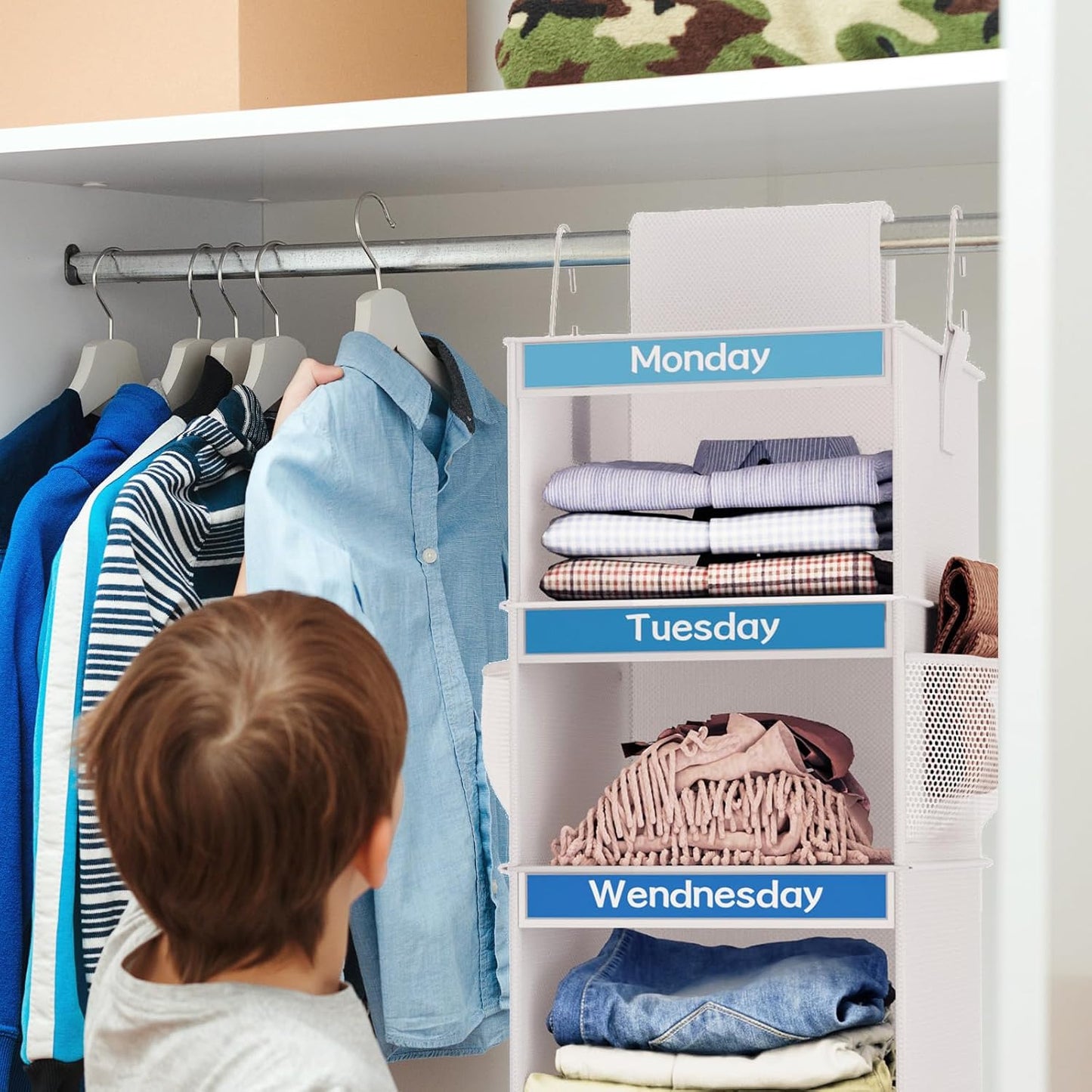 2 Pack 6-Shelf Weekly Hanging Closet Organizer for Kids, Kids Daily Clothes Organizers with 6 Side Pockets, Days of The Week Hanging Storage Shelves