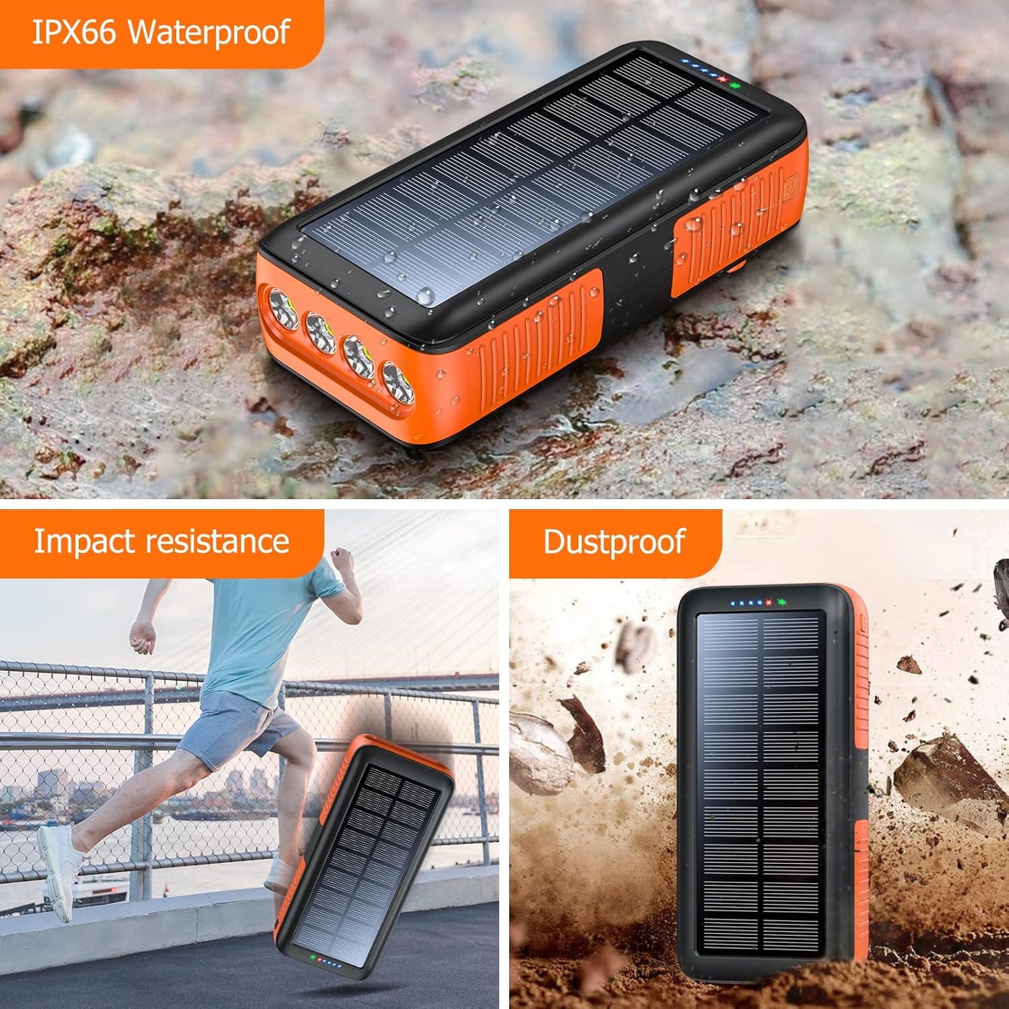 Solar Charger Power Bank 63200mAh, Portable Charger with Dual Outputs & Dual Inputs 4 LEDs Flashlight, Hand Crank Power Bank Fast Charging Battery Pack for Outdoor Camping Survival Gear